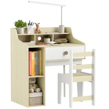 AIYAPLAY Set Birou pentru Copii cu Raft de Depozitare, Sertar si Scaun din Lemn, 80,4x50x96 cm, Alb | Aosom Romania imagine