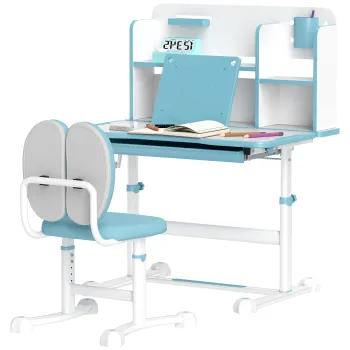 AIYAPLAY Set Birou si Scaun pentru Copii 3-12 Ani Reglabile pe Inaltime si Blat Inclinabil, 80x55x107.5 cm, Albastru | Aosom Romania imagine
