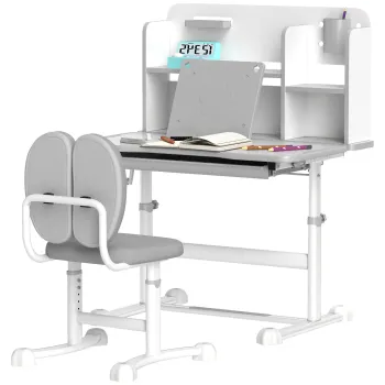 AIYAPLAY Set Birou si Scaun pentru Copii 3-12 Ani Reglabile pe Inaltime si Blat Inclinabil la 45?, 80x55x107.5 cm, Gri | Aosom Romania imagine