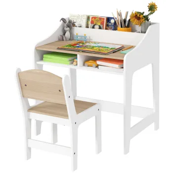 AIYAPLAY Set birou si scaun pentru copii 3-8 ani cu compartimente si rafturi deschise, efect lemn natural | Aosom Romania imagine