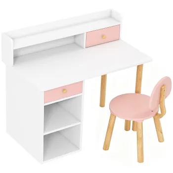 AIYAPLAY Set birou si scaun pentru copii din lemn, cu 2 sertare si rafturi, pentru camera, birou sau gradinita, roz | Aosom Romania imagine