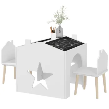 AIYAPLAY Set de 3 Piese cu 2 Scaune pentru Copii si Masuta cu Tabla, Mobilier pentru Copii, 61x58x59 cm, Alb | Aosom Romania imagine