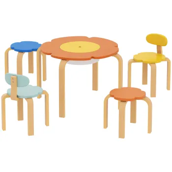 AIYAPLAY Set de 5 piese masa si scaune pentru copii, cu buzunar de depozitare, forma de floare, pentru camera de joaca, camera copiilor, lemn, multicolor | Aosom Romania imagine