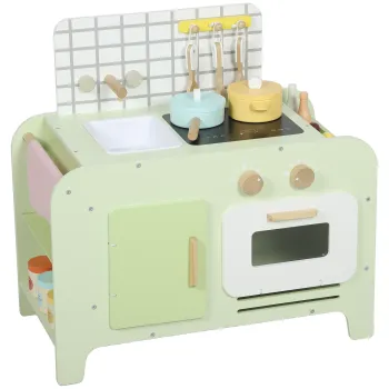 AIYAPLAY Set de Bucatarie de Jucarie din Lemn pentru Copii de 3+ Ani cu 15 Accesorii, Verde | Aosom Romania imagine