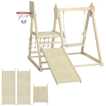 AIYAPLAY Set de Catarare 5 in 1 cu Tobogan, 2 Pereti de Catarare, Leagan si Cos de Baschet, din Lemn, 140x172.5x116.5 cm | Aosom Romania imagine