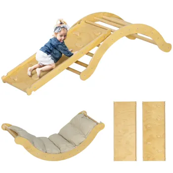 AIYAPLAY Set de catarare pentru copii, design 4 in 1 cu arc, leagan, perna, rampa de alunecare, pentru interior, lemn | Aosom Romania imagine