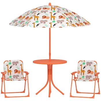 AIYAPLAY Set de Gradina pentru Copii, Masa si Scaune cu Umbrela, Masa de Picnic pentru Exterior cu 2 Scaune Pliabile pentru Copii de 2-5 Ani, Portocaliu | Aosom Romania imagine