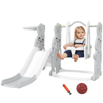 AIYAPLAY Set de jocuri 4 in 1 pentru copii, Tobogan, Leagan, Structura de escalada, Cos de baschet, Plastic, Design cu iepurasi, Gri | Aosom Romania imagine