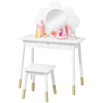 AIYAPLAY Set de Machiaj pentru Fetite 3-6 Ani cu Scaun de Machiaj si Sertar pentru Depozitare, 70x34x95 cm, Alb | Aosom Romania imagine