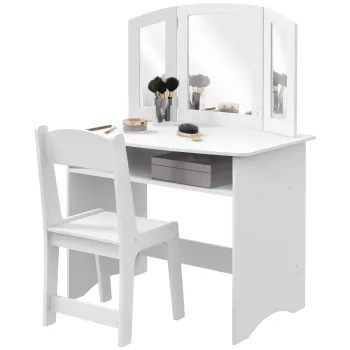 AIYAPLAY Set de Machiaj pentru Fetite de 3-6 ani cu Oglinda Tripla Detasabila si Scaun din Lemn, 80x49x108 cm, Alb | Aosom Romania imagine