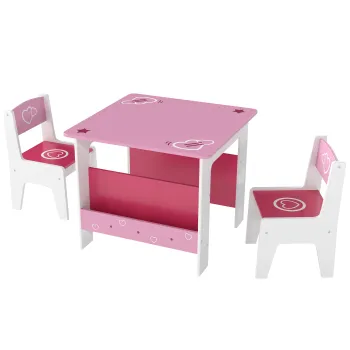 AIYAPLAY Set de masa cu 2 scaune pentru copii 3-8 ani, cu raft in lemn MDF cu motive de inimi, Roz | Aosom Romania imagine
