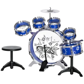 AIYAPLAY Set de Tobe cu Pedala, Tobe Medii si Mici, Ciocan si Scaun pentru Copii de 3-6 Ani, 65x22x57 cm, Albastru | Aosom Romania imagine