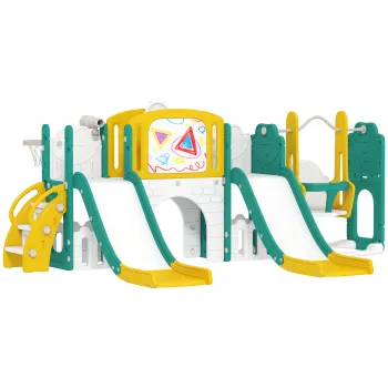 AIYAPLAY Set de topire si leagan 9 in 1 pentru Copii, cu Cos de Baschet, Telescop, Tabla de Desen, Design de Broasca, Galben+Verde | Aosom Romania imagine