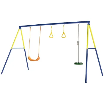 AIYAPLAY Set Leagan de Gradina 3 in 1 pentru Copii cu Leagan in Picioare, Inele Gimnastice, Cadru A din Otel, Leagane Duble pentru Copii, Capacitate 150kg, Exterior, 3-8 Ani, 285x160x181 cm | Aosom Romania imagine