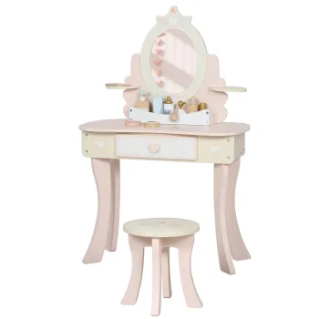 AIYAPLAY Set Masa de Toaleta pentru Copii cu Oglinda si Scaunel, 7 Accesorii de Joc, Sertar, Depozitare pe Birou, Roz | Aosom Romania imagine