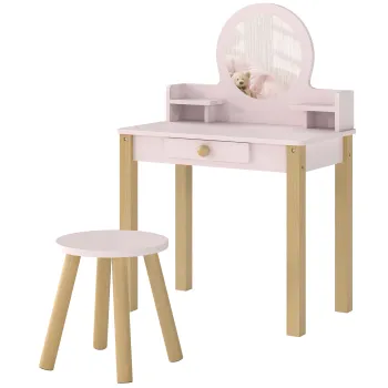 AIYAPLAY Set Masa de Toaleta pentru Fete cu Taburet, Oglinda, Sertar, din Lemn de Pin si MDF, pentru 3-6 Ani, Roz | Aosom Romania imagine