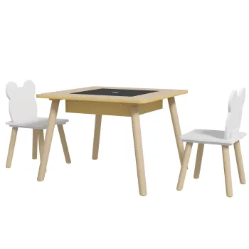 AIYAPLAY Set Masa si 2 Scaune pentru Copii 3-6 ani, cu Tabla de Scris si Loc de Depozitare, 60x60x44 cm, Lemn Natural | Aosom Romania imagine