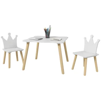 AIYAPLAY Set Masa si 2 Scaune pentru Copii 3-6 Ani, Masa Ondulata si Scaune in Forma de Coroana, 60x60x44 cm, Alb | Aosom Romania imagine