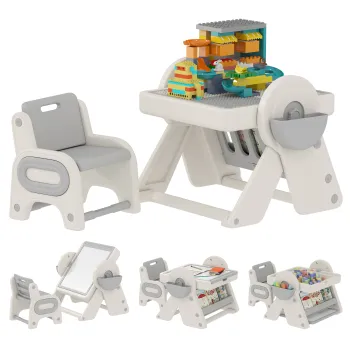 AIYAPLAY Set Masa si Scaun pentru Copii 3 in 1 cu Masa de Constructie, Tabla, Suport Convertibil si Containere, Masa Multiactivitate cu Scaun de Plastic pentru Copii 2-4 Ani pentru Camera Copii | Aosom Romania imagine