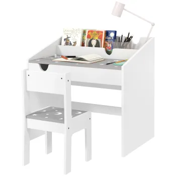 AIYAPLAY Set Masa si scaun pentru copii, cu depozitare, sertar glisant, pentru 3-6 ani, model cu stele - Gri | Aosom Romania imagine