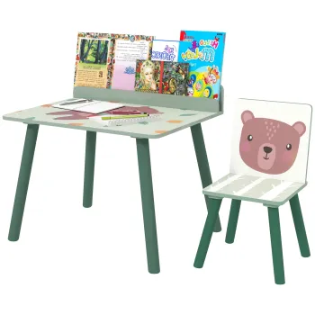 AIYAPLAY Set Masa si Scaun pentru Copii cu Raft pentru Depozitare din MDF si Lemn de Pin, 60x48x53.5 cm, Verde | Aosom Romania imagine