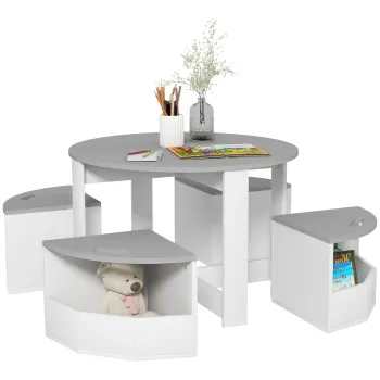AIYAPLAY Set Masa si Scaun pentru Copii, Masa si Scaune pentru Copii din 5 Piese cu Depozitare, pentru Clasa, Cresa, Gradinita, 78x78x49 cm, Gri imagine