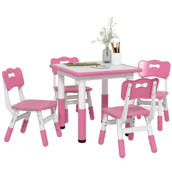 AIYAPLAY Set Masa si Scaune pentru Copii 18-60 Luni cu Inaltime Reglabila si Tabla de Scris, 60x60x46-58 cm, Roz | Aosom Romania imagine
