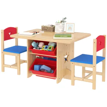 AIYAPLAY Set Masa si Scaune pentru Copii 3-7 Ani, cu 2 Scaune si 4 Compartimente de Depozitare, 77x57x50 cm, Lemn Natural | Aosom Romania imagine