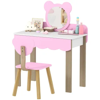 AIYAPLAY Set Masuta Cosmetica cu Scaunel pentru Copii, Oglinda de Machiaj, Forma Ursulet, Sertar, MDF, Roz | Aosom Romania imagine