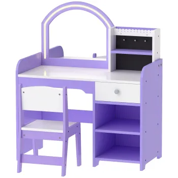 AIYAPLAY Set masuta de toaleta 2 in 1 pentru fetite, cu scaun si oglinda, lumini in 2 culori, suport bijuterii, sertar, mov | Aosom Romania imagine
