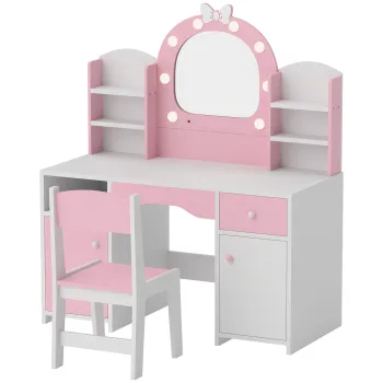 AIYAPLAY Set masuta de toaleta pentru fetite 2 in 1, cu taburet si oglinda, lumini in 2 culori, sertar si rafturi, roz | Aosom Romania imagine
