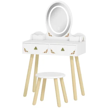 AIYAPLAY Set Masuta si Scaun pentru Copii cu Oglinda cu Lumini LED in 3 Culori, Sertar, Cutii de Depozitare, pentru 3+ Ani, Alb | Aosom Romania imagine