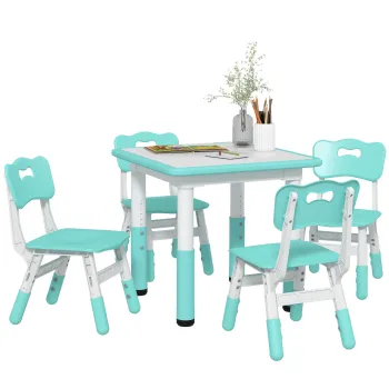 AIYAPLAY Set Masuta si Scaune pentru Copii 18-60 Luni cu Inaltime Reglabila si Tabla de Scris, 60x60x46-58 cm, Verde | Aosom Romania imagine