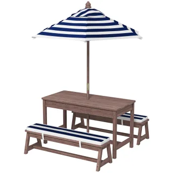 AIYAPLAY Set mobilier de gradina exterior pentru copii cu perne si parasol detasabil, dungi bleumarin si albe | Aosom Romania imagine