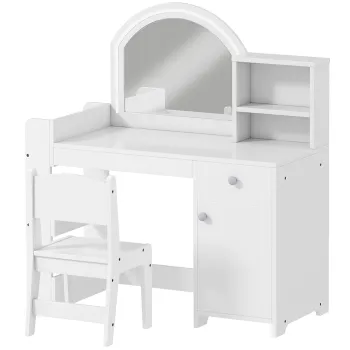 AIYAPLAY Toaleta de machiaj pentru fete Toaleta pentru copii cu scaun si oglinda cu lumini LED 1 sertar dulap si 5 rafturi Alb | Aosom Romania imagine