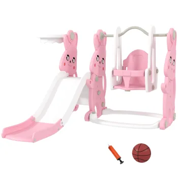 AIYAPLAY Tobogan si leagan pentru copii 4 in 1 cu cos de baschet, tobogan, leagan, 147,5x160x107cm, roz | Aosom Romania imagine