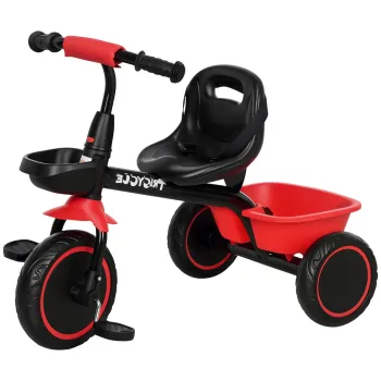 AIYAPLAY Tricicleta pentru copii evolutiva cu scaun reglabil, pedale, 2 cosuri, centura pentru copii de 2 pana la 5 ani rosu si negru | Aosom Romania imagine