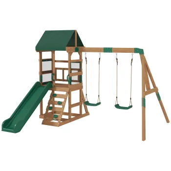 AIYAPLAY Turn de joaca Cadru de catarat Lemn Cadru de leagan cu tobogan 2 leagane Perete de catarat pentru 3-8 ani 315x284x233 cm Verde | Aosom Romania imagine