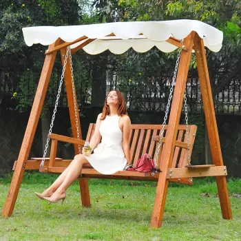 Balansoar de Gradina Outsunny 2 Locuri, Lemn de Pin, Acoperis Parasolar, Alb | Aosom RO imagine