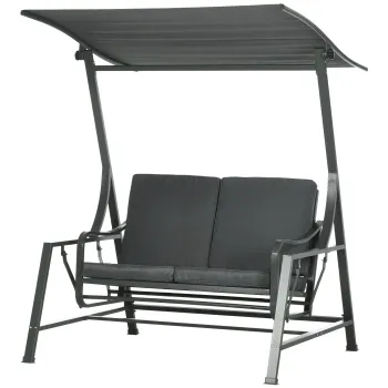 Balansoar pentru gradina cu 2 locuri, din otel cu acoperis inclinabil si perne cu husa detasabila, 148x129x172 cm, negru si gri | Aosom Romania imagine