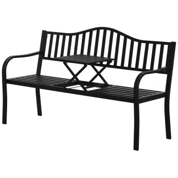 Banca de Gradina Outsunny din Metal cu Masuta Centrala Retractabila, Banca Loveseat pentru Terasa cu Sezut si Spatar cu Sipci, pentru 2-3 Persoane, Neagra | Aosom Romania imagine