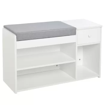 Banca pantofar cu perna, sertar si 3 compartimente deschise, mobilier din lemn pentru hol 81x31.5x49cm, alb imagine