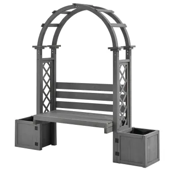 Banca pergola cu jardiniere si grilaj curbat, functie tripla: banca de sezut, jardiniere si suport pentru plante cataratoare, 160x30,5x160 cm, Gri imagine