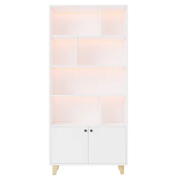 Biblioteca cu iluminare ambientala LED cu schimbare de culoare, usi duble si mai multe rafturi, 80x30x173 cm, Alb imagine
