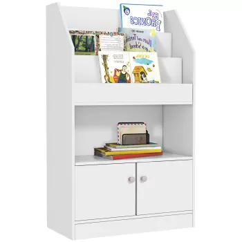 Biblioteca pentru copii ZONEKIZ din lemn pentru jucarii, dulap cu 2 usi pentru copii design modern pentru dormitorul copiilor, 60x29,5x100cm, de culoare alb imagine