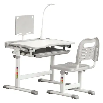 Birou cu scaun HOMCOM pentru copii cu varsta intre 6-12 ani cu inaltime reglabila, lampa LED si blat inclinat la 45?, otel si MDF, de culoare gri imagine