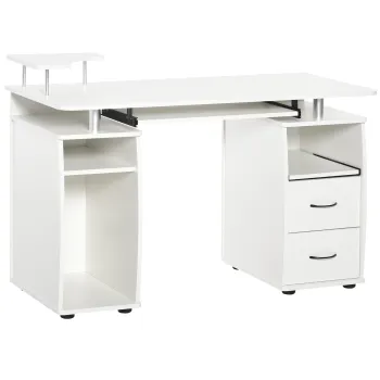 Birou HOMCOM pentru PC din PAL si otel cu tastatura si raft pentru monitor, 2 sertare si spatiu pentru computer, 120x55x85 cm, de culoare alb imagine