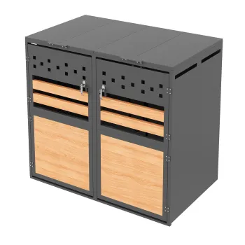 Boxa pentru pubele cu capac rabatabil hidraulic, usi duble incuiabile si doua compartimente, 132x80x120 cm, Gri+Culoare naturala imagine