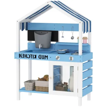 Bucatarie de exterior AIYAPLAY pentru copii cu acoperis de soare, set de ustensile de bucatarie, lemn masiv, albastru | Aosom Romania imagine