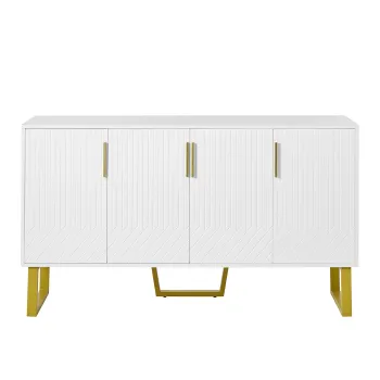 Bufet cu 4 usi, manere si picioare din metal, spatiu mare de depozitare, 140x40x80 cm, Alb imagine